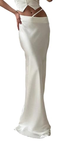 Wuitrie Long Skirts for Women Summer Trendy Low Waist Beach Vacation Skirts Solid Soft Elegant Slim Floor Length Skirt