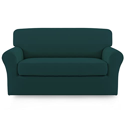 Image of Easy-Going 2 Pieces Stretch Loveseat Couch Sofa Slipcover Washable | Spandex Soft Fitted Sofa Couch Cover for Sofa Furniture Protector with Bottom Kids,Pet Dog Deep teal