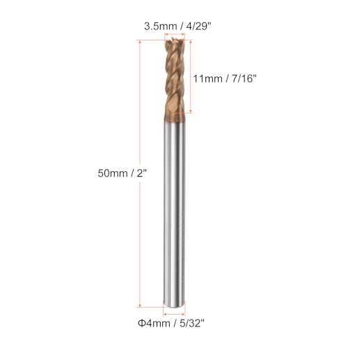Image of HARFINGTON Micro Grain Carbide Square End Mill 4 /29 inch x 7 /16 inch (3.5mm x 11mm) Cut 5 /32 inch (4mm) Shank 2 inch (50mm) Length AlTiN Coated 4 Flutes Square Nose Cutter for Alloy Steel Hardened Steel