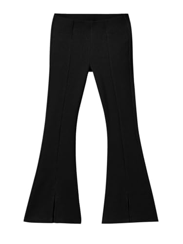 Image of Haloumoning Girls Kids Elastic Waist Ribbed Flare Split Bottom Pants Stretch Casual Long Pants(5-14Y) Black