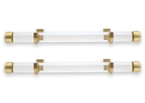BlastHome Luxury 17 Custom Clear Acrylic Side Mount Curtain Rods 1 1/4 Large Diameter Premium Brackets & Endcaps Signature Collection Set of Two Brushed Gold Finish