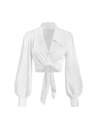 SweatyRocks Women's Button up Collar Cropped Shirt Long Sleeve Self Wrap Crop Top Blouse