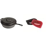 Lodge L10CF3 Cast Iron Covered Deep Skillet, Pre-Seasoned, 5-Quart & SCRAPERPK Durable Pan Scrapers, Red and Black, 2-Pack