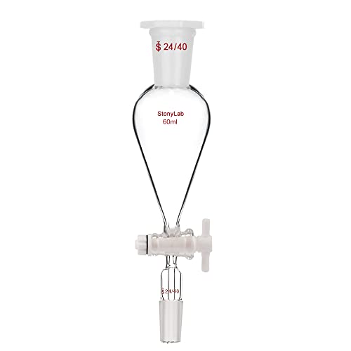 Giunto standard 24/40 stonylab Imbuto Separatore con Rubinetto di Arresto PTFE, Imbuto Separatore Conico a Forma di Pera da 60 ml in Vetro Borosilicato a Parete Pesante con 24/40 Giunti