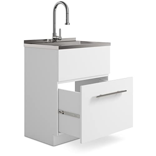 Image of SIMPLIHOME Metro 28 inch Wide Stainless Steel Sink Laundry Cabinet in White