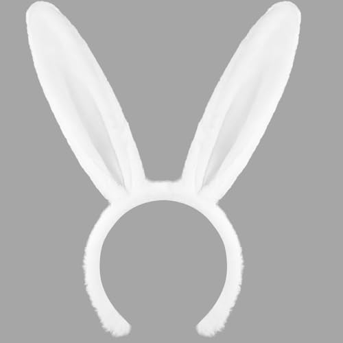 Delfd White Bunny Ears Headband for Adults Plush Rabbit Ears Headband for Easter Halloween Party or Daily Costume Wear White Bunny Hairband