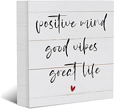 7x7 Inch Inspirational Quote Rustic Wooden Box Sign,Bedroom Decor Farmhouse Home Decor,Wood Block Plaque Desk Decor, Shelf Table Office Decor for Kitchen Living Room Bedroom,Positive Mind Good Vipes