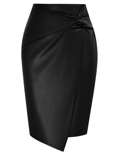 Kate Kasin Women's Business Casual Leather Pencil Skirt Zip-up Knee Length Side Wrap Knot High Waist Slim Skirts Black XL