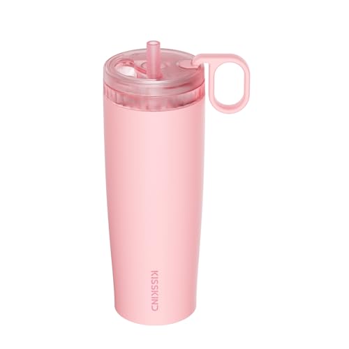 Image of KISSKIND 20 Oz Iced Coffee Tumbler with Hidden Straw, Insulated Stainless Steel Coffee Tumbler, Leakproof Ceramic Lined Travel Cup for Subway Commuting, Slim Tumbler for To-Go, Peach Sorbet