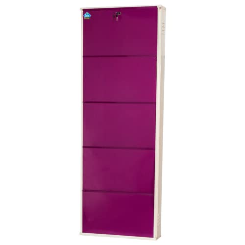 Image of DELITE KOM 24 Inch Wide, 5 Shelf Metal Shoe Rack Wall Mounted for Home with Central Lock Holds Upto 15 Shoes or 25 Slippers Pair | 1 Year Warranty | (67 x 24 x 5 Inch, Ivory Violet) DIY Space Saving