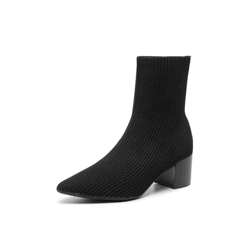 Women'S Knitted Thick Heel Socks Boots Fashionable Pointed Stacked Heel Non-Slip Breathable Pull On Work Party Business Formal Short Boots