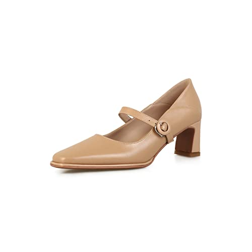 TinaCus Women's Genuine Leather Handmade Classic Square Toe Mid Heel Buckle Closure Mary Jane Pumps