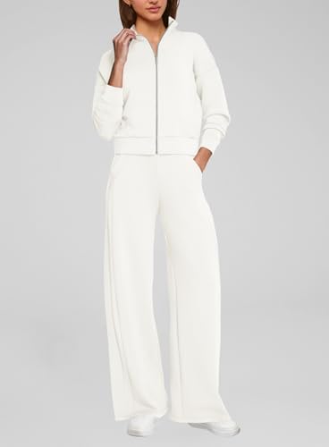 SENSERISE Sweatsuits Women 2 Piece Outfit Zip Up Striped Cropped Sweatshirt Wide Leg Sweatpants Casual Fall Outfits4