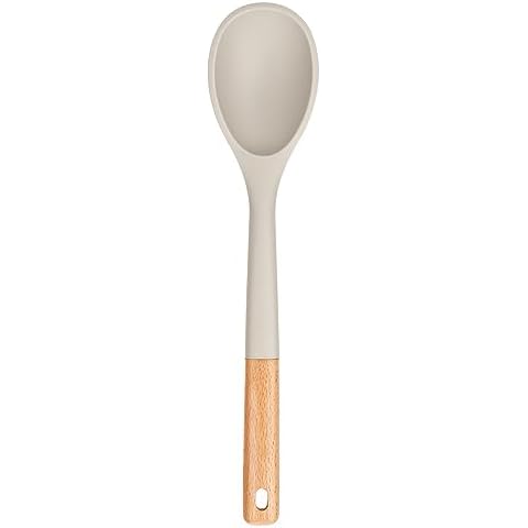 Large Silicone Cooking Spoons, Nonstick Solid Wooden Handle Spoon, Heat Resistan Silicone Kitchen Spoons for Cooking, Serving, Basting, Mixing, 13.2inch (Khaki) Cover