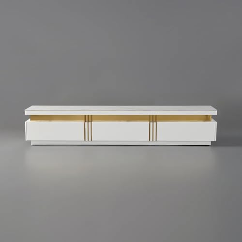 Image of Luxury Joyce Modern TV Unit /Console - 70 inch Naino Compsit Marble Top, 3 Drawer Storage - White & Gold Finish - Scratch Resistant, Waterproof Plywood - Living Room Media Cabinet (White)