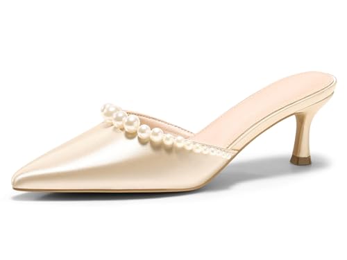 Image of Coutgo Womens Pearl Kitten Heels Closed Pointed Toe Wedding Bride Dress Shoes Ankle Strap Satin Pumps