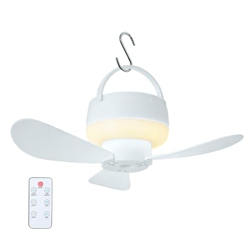 Ventilador de techo inalámbrico, 1800 mAh, recargable por USB, 3 velocidades con luz, ventilador de techo alimentado por pilas, para senderismo, patio, cobertizo, garaje, balcón, RV