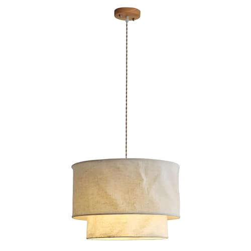 Umbratica Lámpara Colgante de Tela de Tambor, lámpara de Techo Beige de 2 Capas con Pantalla de Lino, lámpara de Techo Colgante para Dormitorio, Comedor, Sala de Estar, Entrada