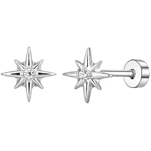 20g Star CZ Screw Flat Back Small Stud Earrings for Women Men Stainless Steel Silver Plated Stars Cartilage Tragus Piercing Little Studs Hypoallergenic Fashion Trendy Jewelry Birthday Gift
