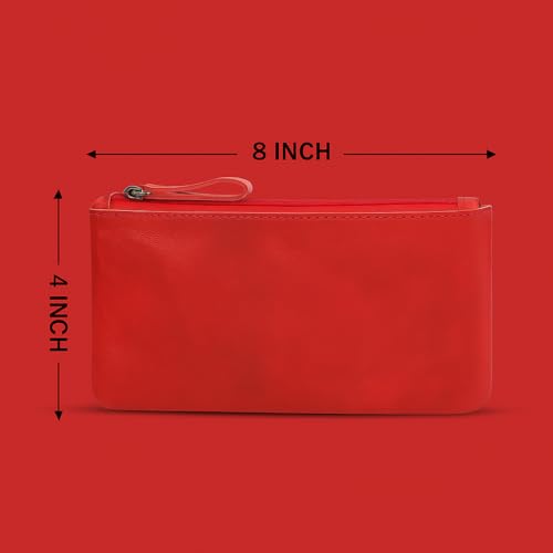 Image of Red Genuine Leather Pencil Case for Men & Women - Small Pen Case (8 inch x 4 inch Inch), Coin Pouch, Cash Holder, Multipurpose Leather Accessory Pouch with Zipper for Pens, Pencil & Currency