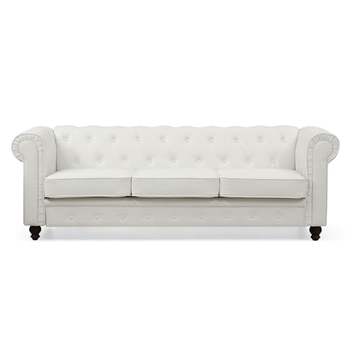 Menzzo Canapé Chesterfield 3 Places Blanc - Canapé Classique en Simili Cuir, Design Élégant et Confortable pour Salon
