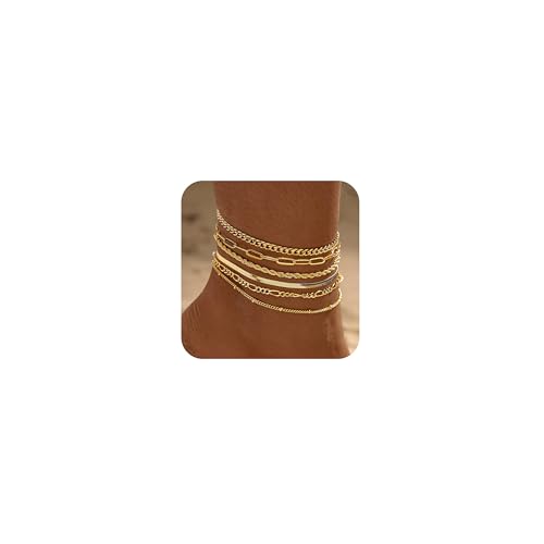6 PCS Gold Ankle Bracelets for Women, 14k Plated Gold Layered Anklet Set Waterproof Herringbone Paperclip Beaded Figaro Cuban Link Chain Beach Stackable Anklet Bracelet Jewelry Gift for Women