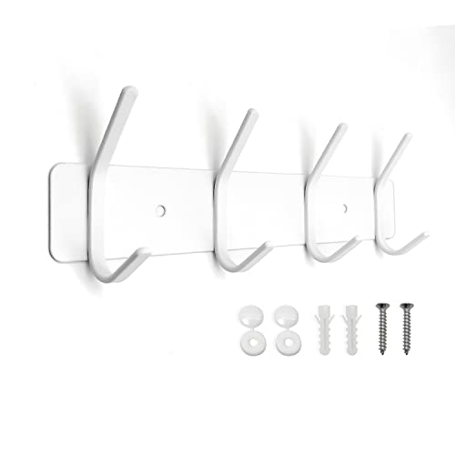 Ganchos de pared para abrigos, resistentes ganchos de pared de acero inoxidable para bata, sombreros, ropa, bolsas de colgar y bolso, ganchos de metal con 4 rieles de perchas, color blanco Cover
