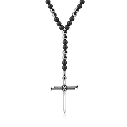 GAVU Collar Cruz Hombre, Collar en Y Rosario para hombre con Cuentas de Ónix Mate y Hematita con Colgante Cruz de Acero inoxidable