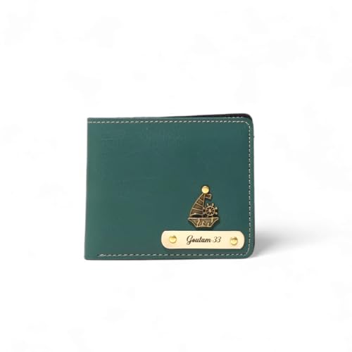 Image of TCG Personalized Name & Charm Leather Mens Wallet | Gifts for Men Husband Boyfriend Staff Employees Clients Colleagues Friend (Olive Green)