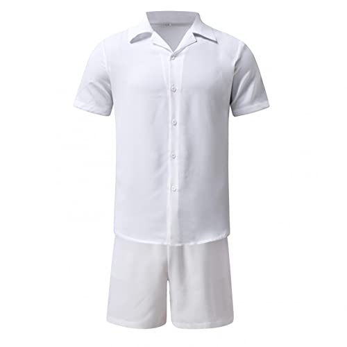 Men's Cotton Linen 2 Piece Outfit Set Summer Casual Button Down Short Sleeve Hawaiian Shirts and Shorts White Beach Suit3