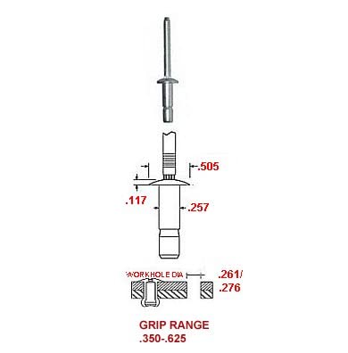 ALL STAINLESS INTERLOCK BLIND RIVET 1/4' DIAMETER X .350 -.625 GRIP RANGE, PROTRUDING HEAD (PACK OF 10 PIECES)
