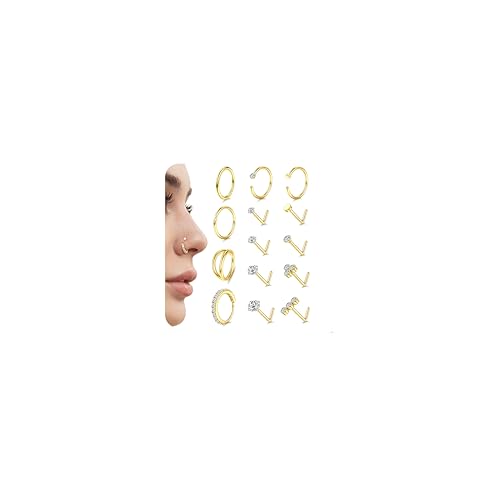 Diamday 14pcs Piercing Nariz Acero Quirúrgico Septum Piercings 18G 20G Nostril Tragus Helix Piercings Joyeria Hipoalergénico Aro Piercing Nariz Studs Plata Oro