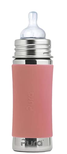 Pura Kiki 9oz/275ml Stainless Steel Infant Bottle w/Sleeve, Anti-Colic, 100% Plastic-Free, MadeSafe Certified, Medical-Grade Silicone, Medium-Flow Nipple, for Babies 3 Months & Up (Rose)
