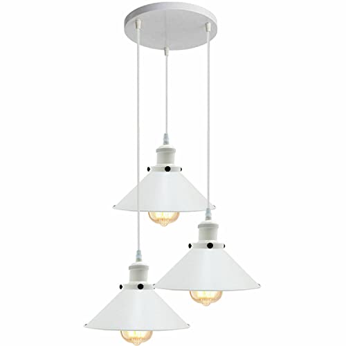 Image of LEDSone Industrial Vintage Retro 3 Head Ceiling Pendant, Cluster Light Fitting White Colour Round Cone Lampshades E27 Holder Pendant Light (Style 1)