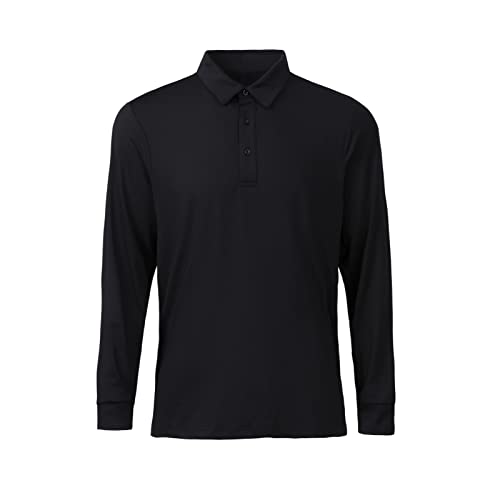 Long Sleeve Polo Shirts for Men Dry Fit Performance Mens Tactical Golf Polo Quick Dry Moisture Wicking 3 Button Closure Black M