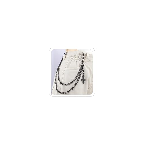 ANGLEQUEEN Punk Layered Pants Chain for Men Women, Silver Heart Cross Rivet Tassel Wallet Chains, Hip Hop Pocket Chains, Goth Jewelry Key Chain Wallet for Men (Black cross)