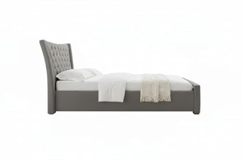 Image of Pearl Upholstered Queen Size Bed with Box Storage for Bedroom | Elegant Wooden Double Bed with Storage | Platform Cot Palang with Tufted Headboard | 6.5 x 5 Ft | Sheesham Wood | Grey
