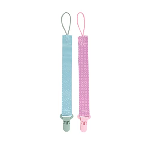 Image of Nuby Pacifinder Baby Pacifier Clip - (2-Pack) - Pacifier Holder Clip with Convenient Hook Loop - Green Dots and Pink XOs