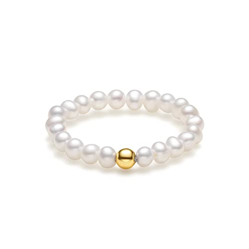 Ringe Frauen Ring Damen Perlen Ringe Gold 750 Gelbgold Schmuck Weiß Elastischer Damen-Ring Ovale Süßwasser-Zuchtperlen in ca. 3-3.5 mm Eleganter Ring Geschenke für Damen
