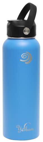 Yerbam Sports Flask Thermos Water Bottle With One-Touch Open Chug Lid & Covered Straw Lid Wide Mouth Direct Drink Dishwasher Safe Leakproof Sweat-Free Bpa-Free (40Oz - Silver Lake Blue) #TOP2
