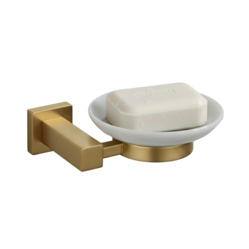 Image of Go Bathrooms Froma Gold Soap Dish with Round Ceramic Tray Wall Mounted Solid Brass Holder Ceramic Soap Dish Holder Brushed Gold Finish Premium Solid Brass Construction