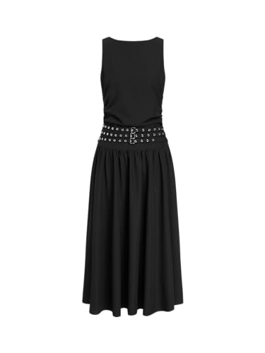 CIDER Maxi Dress for Women Sleeveless Boat Neck Woven Belted Low Waist Elegant Daily Casual Maxi Dress