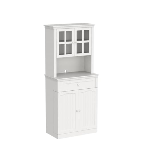 AIEGLE 72\" Pantry Cabinet, Tall Kitchen Storage Cabinet with 4 Doors and Hutch, Cupboard with 8 Hanging Shelves and Adjustable Shelves for Kitchen, Dining Room, Living Room, White