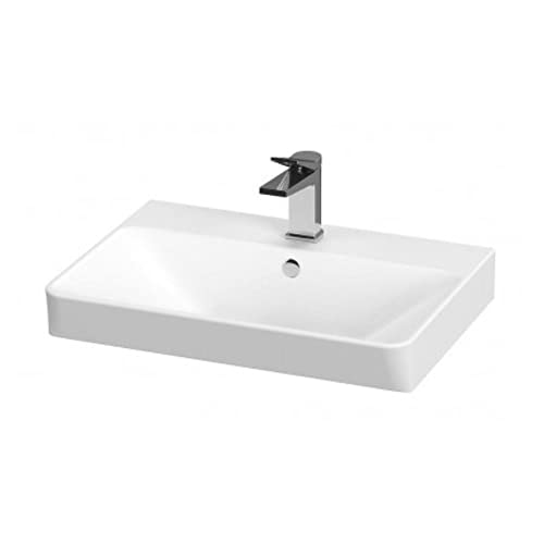 CERSANIT Waschbecken Eckig | BxTxH: 56 x 40,5 x 16 cm | Waschbecken Bad | Zentrales Hahnloch | Zur Solomontage mit Dekorativem Siphon | Waschbecken aus Keramik | Weiß