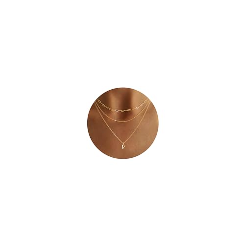 FIOROYAL 3Piezas Collar con Cadena Oro para Mujer Chapada, Collares con Iniciales Chapadas en Oro de 14 Quilates, Colgante A-Z, Collar Personalizadas Ajustable para Adolescentes y Niñas V