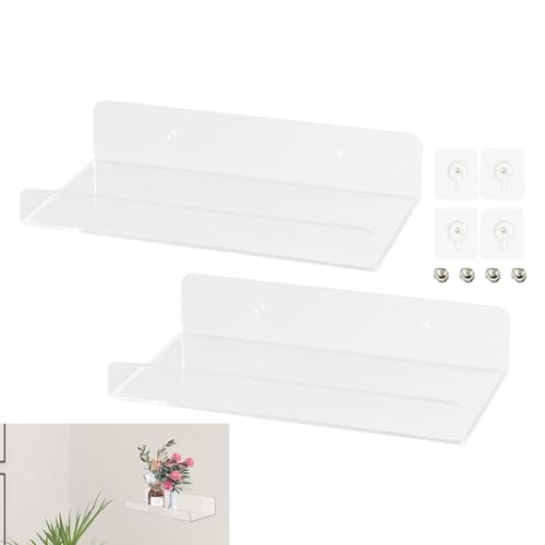 NHBETYS 2 pcs Acrylic Floating Shelves for Wall, Wall Mounted Display Self Adhesive Shelf with 4 Screw + 4 Traceless Sticker No Drill for Bedroom Bathroom Kitchen Office Playroom(transparent)