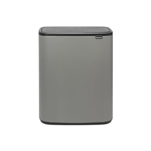 Brabantia Bo Touch Top Kitchen Trash Can with Single Compartment | Mineral Gray | 16 Gal Inner Bucket | Soft-Close Garbage Can, Light Touch Opening, Stay-Open Lid | Fits Against Wall | + Trash Bags