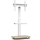 AOKCOS TV Ständer Rollbar mit Holzablage Regal, Fernsehständer auf Rollen für 32-65 Zoll Fernseher, TV Bodenständer Höhenverstellbar Schwenkbar, bis 40 kg Max. VESA 400x400mm (Weiß+Natur)