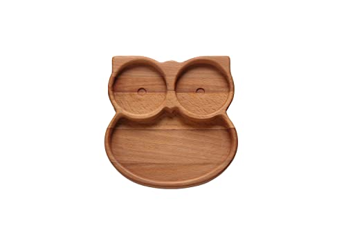 Image of WOODIE POPPINS Beech Wood Kids Plate, All Natural, Handcrafted, Organic, Durable, Reusable, 7.5x1.2x7.5 inches, Owl Themed