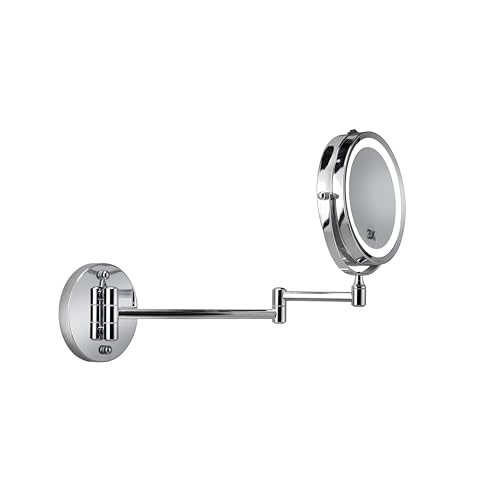 Croydex Extendable Illuminated Magnifying Cosmetic Mirror, Wall Mounted Chrome, 360° Swivel Bathroom Mirror with LED Lights, Battery Operated, Double Sided, 3x/1x Magnification